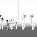 People in Protective Suits Assisting Girl at Testing Table in White Setting 3d model