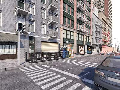 Urban Commercial Street With Historic Buildings Shops Traffic Lights And Pedestrian Crosswalk 3d model