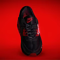 Black And Red Sporty Sneakers Featuring Red Decorative Patterns On Upper And Red Sole