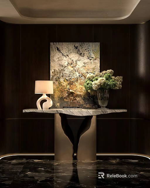 Elegant Console Table with Marble Top Artwork Table Lamp and Flower Arrangement 3d model 