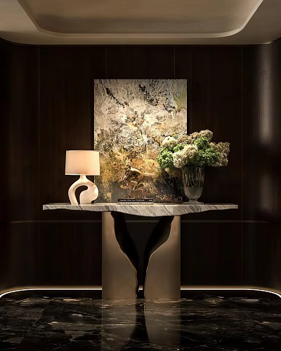 Elegant Console Table with Marble Top Artwork Table Lamp and Flower Arrangement 3d model