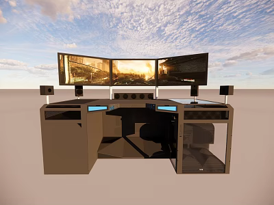 Professional Work Desk With Triple Monitors Speakers And Modern Workstation Design 3d model