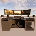 Professional Work Desk With Triple Monitors Speakers And Modern Workstation Design