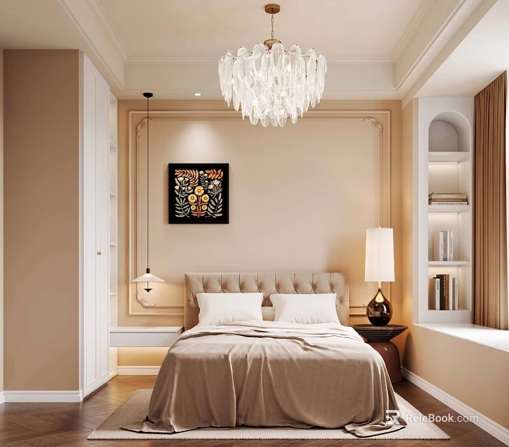 Cozy Beige Bedroom With Crystal Chandelier Beige Headboard White Pillows Table Lamp And Decorative Painting 3d model 