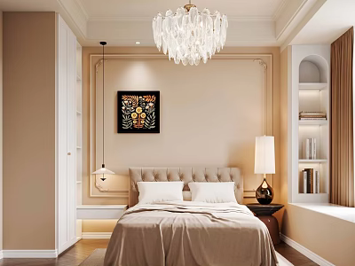 Cozy Beige Bedroom With Crystal Chandelier Beige Headboard White Pillows Table Lamp And Decorative Painting 3d model