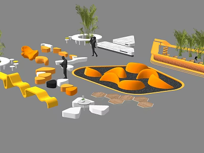 Modern Garden Landscape With Orange White Seating Green Plants Curved Structures And Paved Areas 3d model
