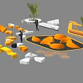 Modern Garden Landscape With Orange White Seating Green Plants Curved Structures And Paved Areas