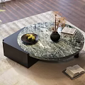 Green Veined Marble Coffee Table With Black Base Dried Flowers Green Fruits On Light Rug