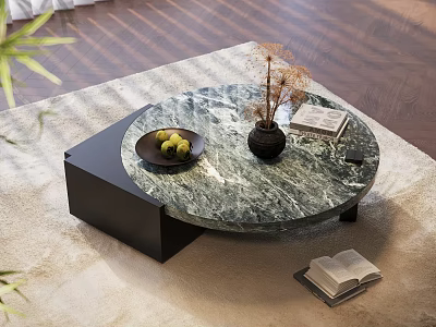 Green Veined Marble Coffee Table With Black Base Dried Flowers Green Fruits On Light Rug 3d model