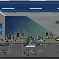 School Modern Classroom With Blue Ceiling White Walls Blue Gradient Decoration And Computers On Desks