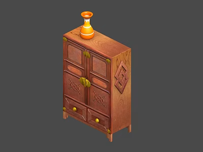 Classic Brown Wooden Wardrobe Featuring Carved Details Double Doors And Drawers With Vase On Top 3d model