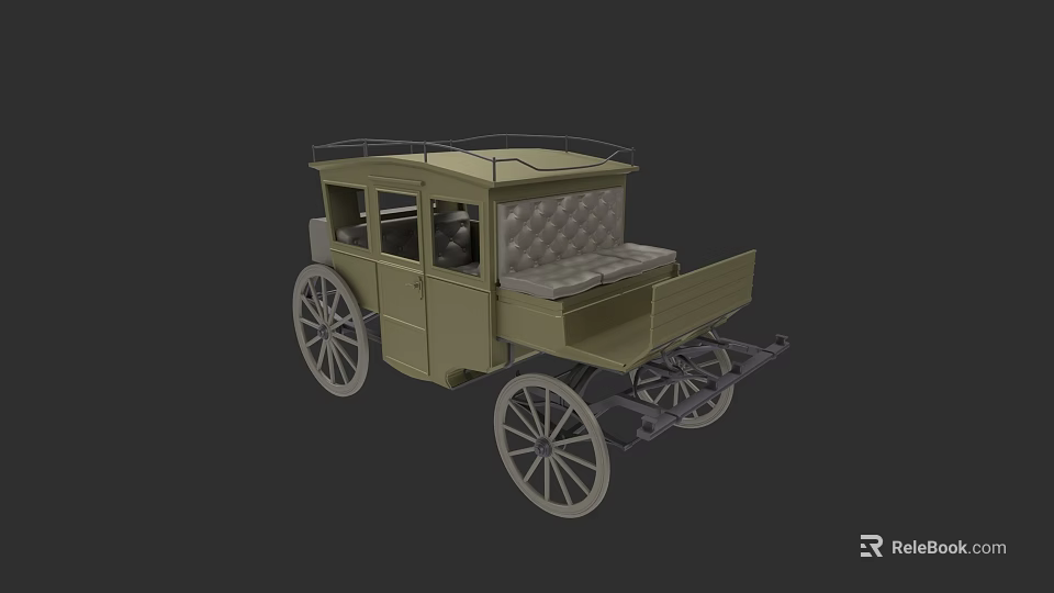 Vintage Olive Green Horse Drawn Carriage With Upholstered Seats And Wooden Wheels 3d model 