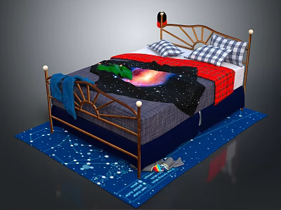 Starry Themed Double Bed With Metal Frame Plaid Pillows Table Lamp And Blue Starry Rug 3d model