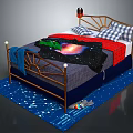 Starry Themed Double Bed With Metal Frame Plaid Pillows Table Lamp And Blue Starry Rug