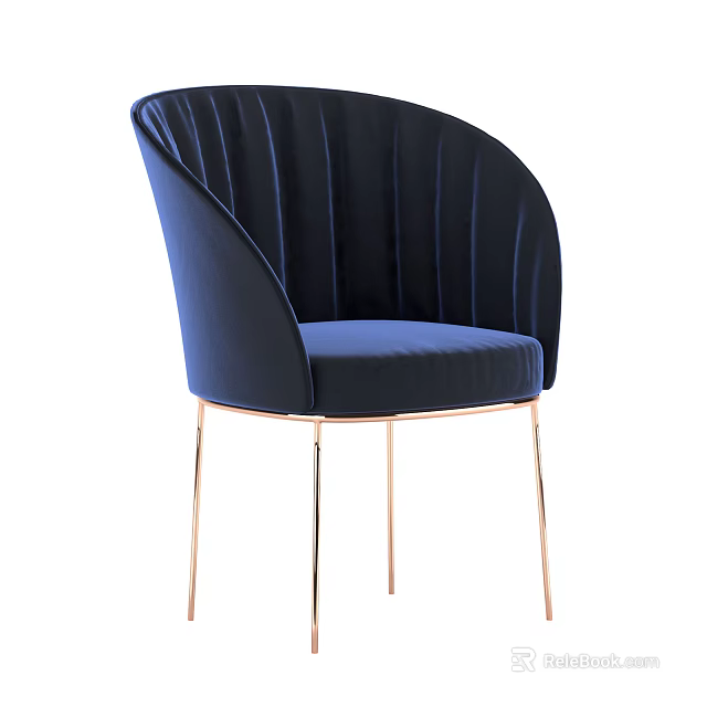 Elegant Navy Blue Velvet Leisure Chair with Curved Backrest and Gold Metal Legs 3d model 