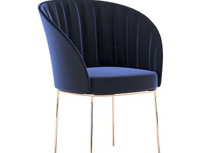 Elegant Navy Blue Velvet Leisure Chair with Curved Backrest and Gold Metal Legs 3d model