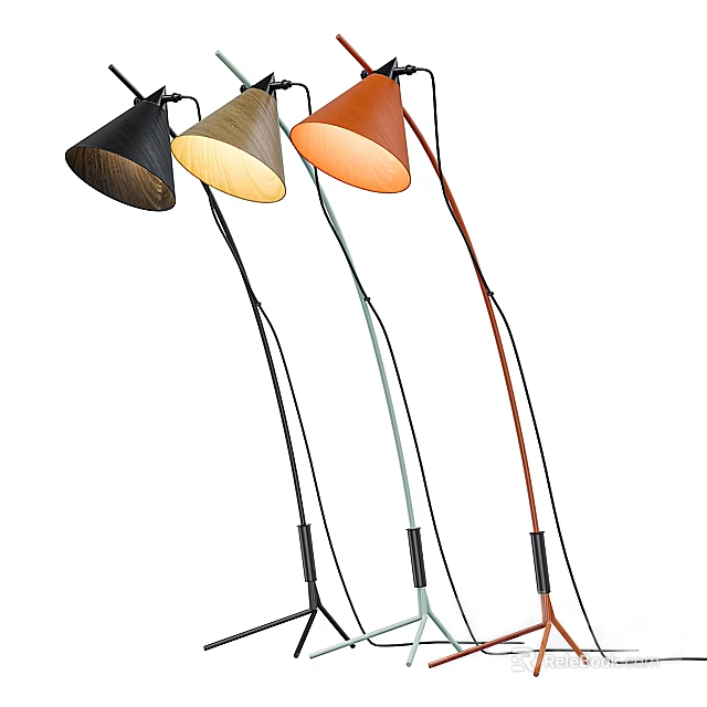 Modern Floor Lamps With Curved Poles And Colorful Conical Shades Design 3d model 