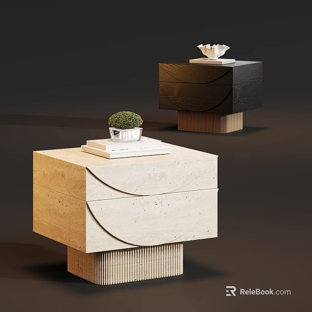 Modern Minimalist Textured Double Drawer Nightstands With Semicircle Handle And Fluted Base For Bedroom Decor 3d model 