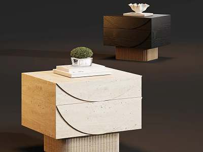 Modern Minimalist Textured Double Drawer Nightstands With Semicircle Handle And Fluted Base For Bedroom Decor 3d model