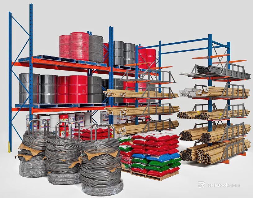 Multi tier Metal Display Shelves With Barrels Coils And Wooden Planks 3d model 