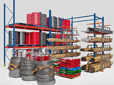 Multi tier Metal Display Shelves With Barrels Coils And Wooden Planks 3d model