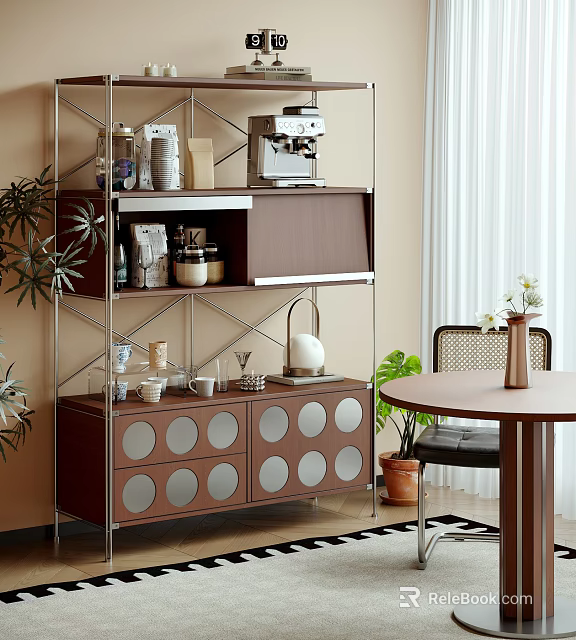 Brown Sideboard With Silver Circular Accents Open Shelves Holding Coffee Maker Cups Near Dining Table 3d model 