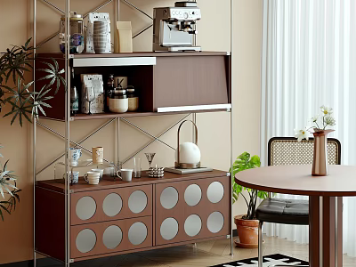 Brown Sideboard With Silver Circular Accents Open Shelves Holding Coffee Maker Cups Near Dining Table 3d model