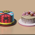 Colorful Superhero Themed Cake And Fruit Decorated Cake With Strawberry Peach Floral Topping