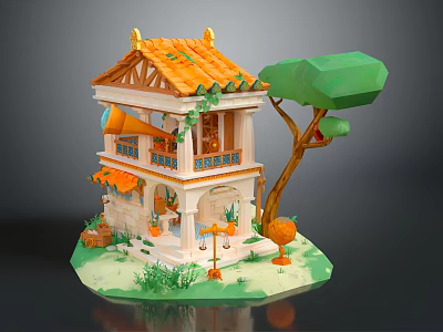 Cartoon Style Two Story Mini House With Orange Roof Balcony Green Tree And Grass 3d model
