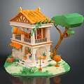 Cartoon Style Two Story Mini House With Orange Roof Balcony Green Tree And Grass