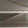 Unique Structural Ceiling Design With Interlaced Lines Wooden Framework Grid Pattern And Integrated Lighting