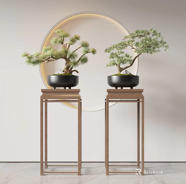 Two Bonsai Plants On Wooden Stands With Round Mirror In Minimalist Interior 3d model 