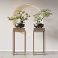 Two Bonsai Plants On Wooden Stands With Round Mirror In Minimalist Interior