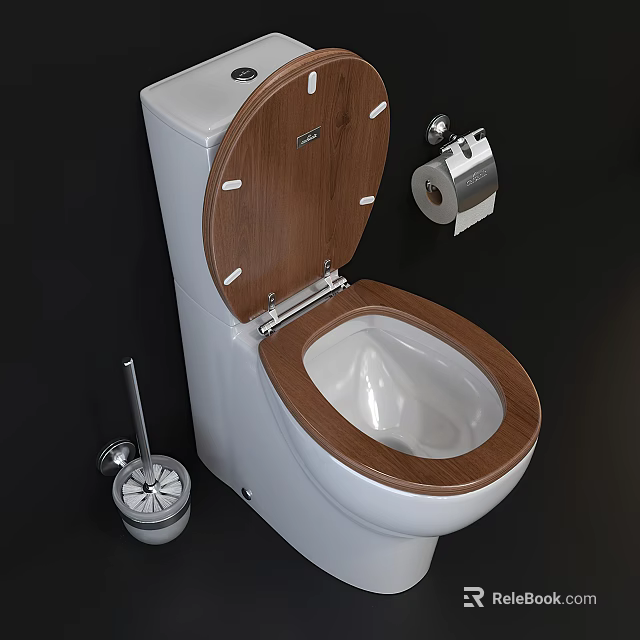 Modern Toilet With Wooden Seat Cover Toilet Brush And Paper Holder 3d model 