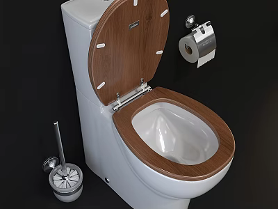 Modern Toilet With Wooden Seat Cover Toilet Brush And Paper Holder 3d model