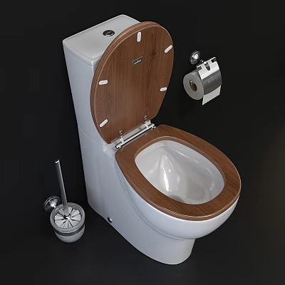 Modern Toilet With Wooden Seat Cover Toilet Brush And Paper Holder 3d model