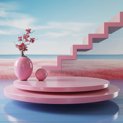 Pink Decorative Display With Staircase Platform Vase Red Flowers And Small Ball 3d model