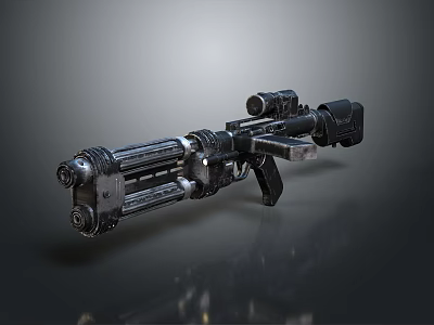 Futuristic Multi Barrel Weapon With Scope And Mechanical Black Metal Design 3d model