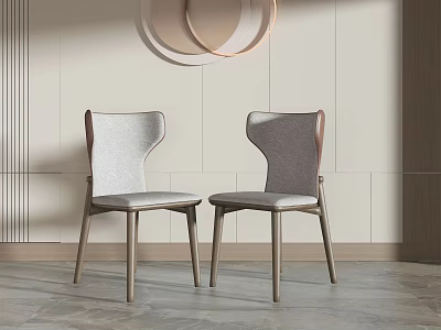 Modern Dining Chairs with Grey Fabric Upholstery and Wooden Frames in Minimalist Interior with Circular Pendant 3d model