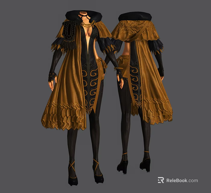 Brown And Black Long Coat With Ornate Scroll Patterns For Women's Elegant Clothing Design 3d model 