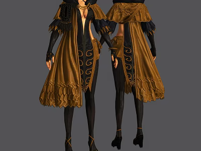 Brown And Black Long Coat With Ornate Scroll Patterns For Women's Elegant Clothing Design 3d model