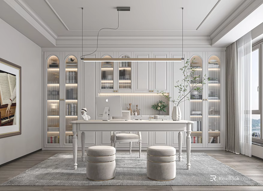 Modern Study Room Interior With Open Bookshelves Writing Desk And Hanging Lamp 3d model