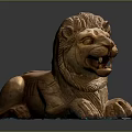 Wooden Lion Sculpture Featuring Detailed Mane Lying Posture And Intricate Body Texture