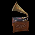 Vintage Gramophone Speaker With Wooden Cabinet Brass Horn And Black Turntable Design