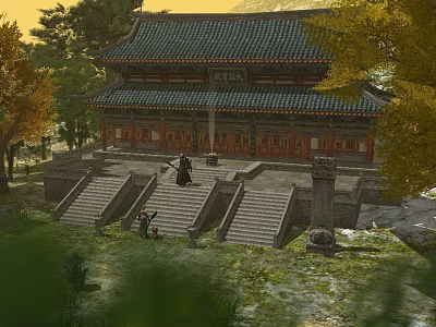 Traditional Chinese Ancient Architecture Featuring Two Story Tiled Roof Stone Steps And Surrounding Trees 3d model
