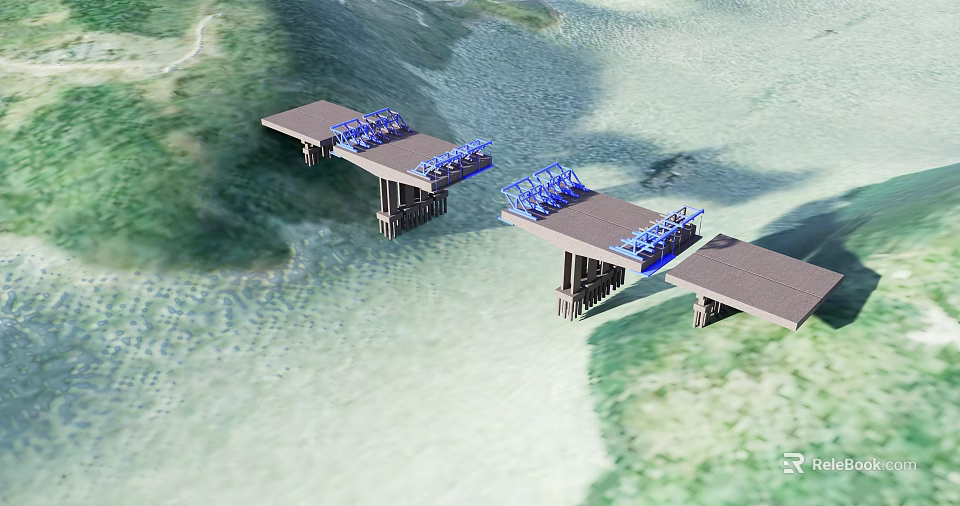 Waterfront Road Facilities With Wooden Piers Supporting Pillars And Blue Railings Over Water 3d model 