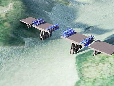 Waterfront Road Facilities With Wooden Piers Supporting Pillars And Blue Railings Over Water 3d model