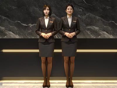 Professional Women in Formal Business Suits Standing at Reception with Marble Background 3d model