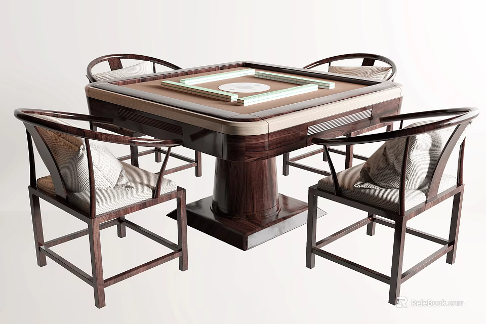 Traditional Chinese Mahjong Table With Four Wooden Chairs And Classic Design 3d model 