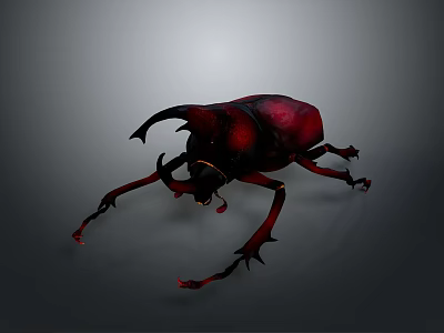 Striking Red Beetle With Large Curved Horns On Dark Background 3d model